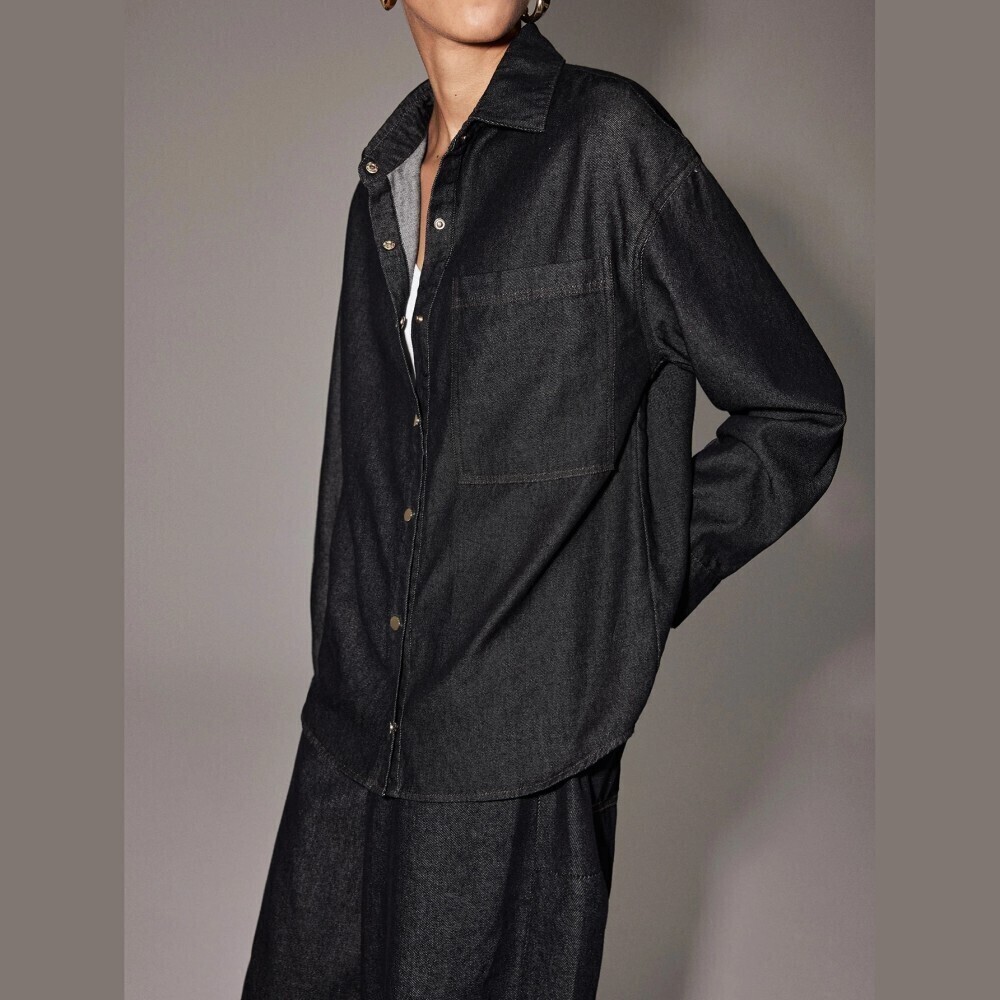 Black Denim Snap Front Drop Shoulder Oversized Shirt with Chest Pocket
